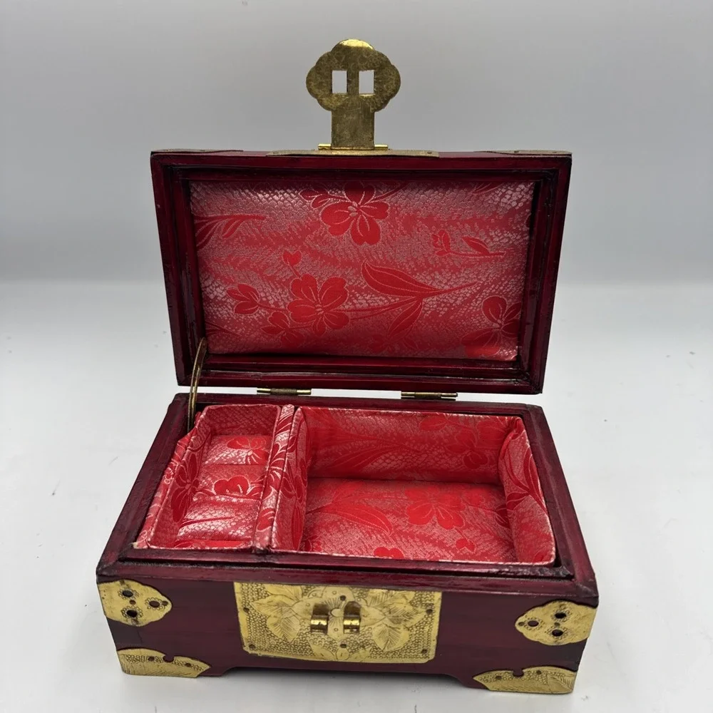 Vintage Chinese Rosewood Jewelry Box Jade Inlay Brass & Silk Accents